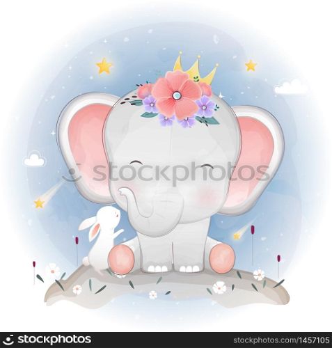 Cute elephant and bunny On a night with a meteor