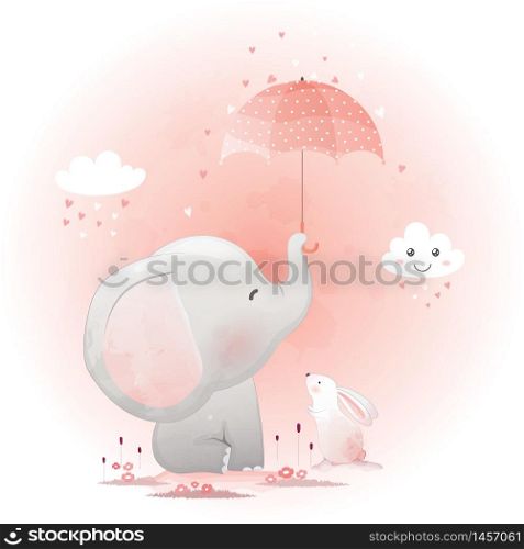 Cute elephant and bunny with umbrella cartoon hand drawn vector illustration.