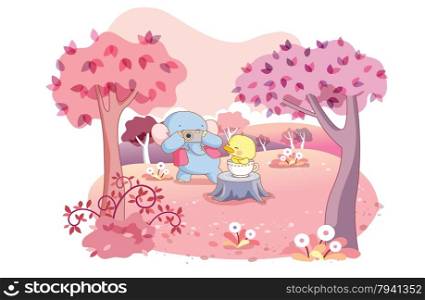 cute elephant and chick playing in the garden