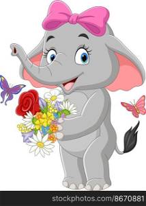 Cute elephant cartoon holding a flowers