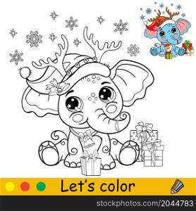 Cute elephant in a Christmas hat with presents. Cartoon elephant character. Vector isolated illustration. Coloring book with colored exemple. For card, poster, design, stickers, decor,kids apparel. Coloring cute happy Christmas elephant vector illustration