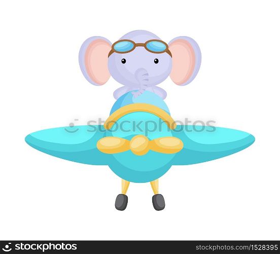 Cute elephant pilot wearing aviator goggles flying an airplane. Graphic element for childrens book, album, scrapbook, postcard, game. Flat vector stock illustration isolated on white background.