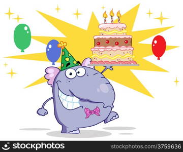 Cute Elephant Walking With Birthday Cake And Balloons
