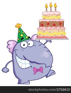 Cute Elephant Walking With Birthday Cake With Three Candles