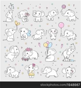 Cute elephant. Wild animals in various poses attractive characters vector cartoon drawn sketch. Elephant adorable with trunk, different pose mascot illustration. Cute elephant. Wild animals in various poses attractive characters vector cartoon drawn sketch