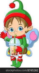 Cute elf holding and drinking bubble milk tea of illustration