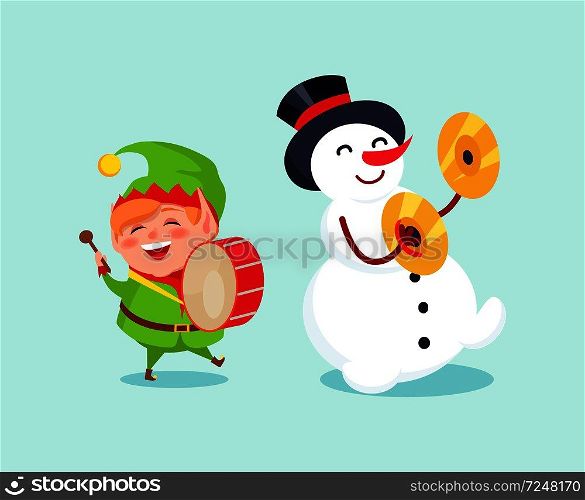 Cute elf playing on drum, snowman with ?ymbal musical instrument vector illustration cartoon winter characters isolated on blue background, music band. Cute Elf Playing on Drum Snowman with Cymbal Music
