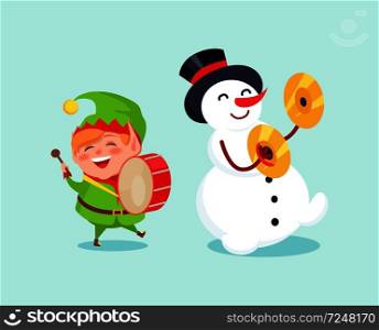 Cute elf playing on drum, snowman with ?ymbal musical instrument vector illustration cartoon winter characters isolated on blue background, music band. Cute Elf Playing on Drum Snowman with Cymbal Music