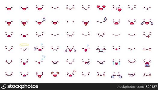Cute emoticon emoji faces. Cartoon kawaii face expression in japanese anime character. Manga emotion kiss, cry and angry vector icons set. Happy and sad emotions, sleeping, ill, stressed