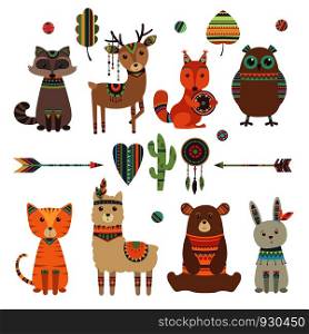 Cute ethnic animals. Tribal kid wild zoo bear owl raccoon tiger with feathers arrows and patterns vector design characters. Illustration of ethnic tribe rabbit and bear characters. Cute ethnic animals. Tribal kid wild zoo bear owl raccoon tiger with feathers arrows and patterns vector design characters
