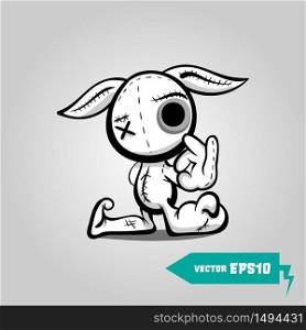 Cute evil rabbit halloween sticker. Angry sewn voodoo bunny. Comic book sketch vector. Stitched thread funny monochrome zombie monster. Finger gesture Ok. Angry sewn voodoo bunny Finger gesture Ok