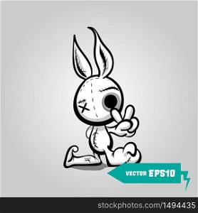 Cute evil rabbit halloween sticker. Angry sewn voodoo bunny. Comic book sketch vector. Stitched thread funny monochrome zombie monster. Finger gesture peace. Angry sewn voodoo bunny finger gesture peace