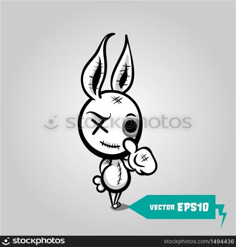 Cute evil rabbit halloween sticker. Angry sewn voodoo bunny. Comic book sketch vector. Stitched thread funny zombie monster. Finger gesture thumb up. Angry sewn voodoo bunny finger gesture thumb up
