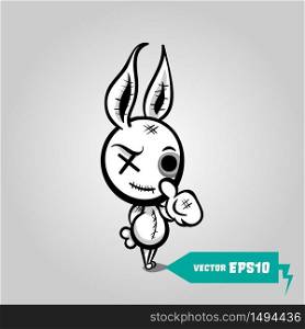 Cute evil rabbit halloween sticker. Angry sewn voodoo bunny. Comic book sketch vector. Stitched thread funny zombie monster. Finger gesture thumb up. Angry sewn voodoo bunny finger gesture thumb up
