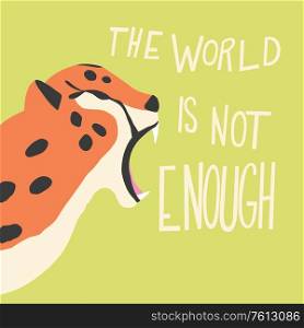Cute exotic wild big cat cheetah roaring on mint green background with hand lettering message. Flat vector illustration