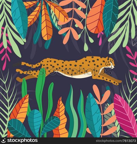 Cute exotic wild big cat cheetah running on dark tropical background with collection of exotic plants. Flat vector illustration