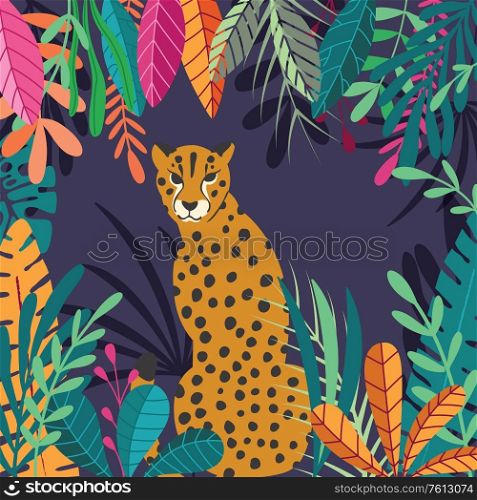 Cute exotic wild big cat cheetah sitting on dark tropical background with collection of exotic plants. Flat vector illustration