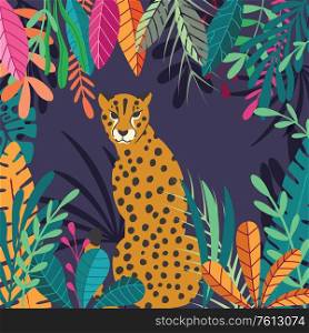 Cute exotic wild big cat cheetah sitting on dark tropical background with collection of exotic plants. Flat vector illustration