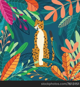 Cute exotic wild big cat cheetah sitting on dark tropical background with collection of exotic plants. Flat vector illustration