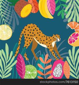 Cute exotic wild big cat cheetah stretching on dark tropical background with collection of exotic plants and fruit. Flat vector illustration