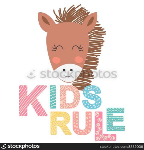Cute face of an animal with lettering. Scandinavian style and pastel palette. baby posters, cards, clothes, childrens rooms. Cute face of an animal with lettering. Childish print for nursery in a Scandinavian style. baby posters, cards, clothes