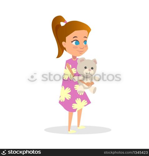 Cute Face Redhead Girl Cartoon Vector Flat Isolated Illustration. Little Kid Standing with Smile in Color Dress Holding Nice Bear Toy. Young Pediatrician Patient Visit Hospital for Exam.. Cute Redhead Girl Cartoon Vector Flat Illustration