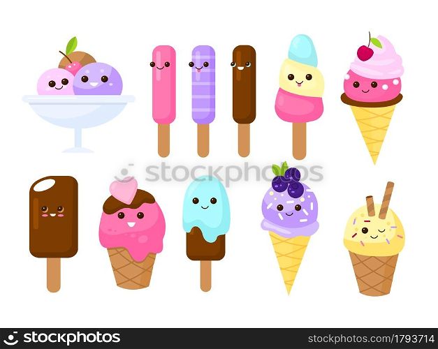 Cute faces ice cream. Kids cartoon characters, summer culinary products, funny childish gelato design, yummy smiling desserts in cone waffle. Emoji stickers collection vector cartoon flat isolated set. Cute faces ice cream. Kids cartoon characters, summer culinary products, funny childish gelato design, yummy smiling desserts. Emoji stickers collection. Vector cartoon flat isolated set