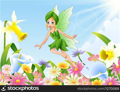 Cute fairy flying on flower field