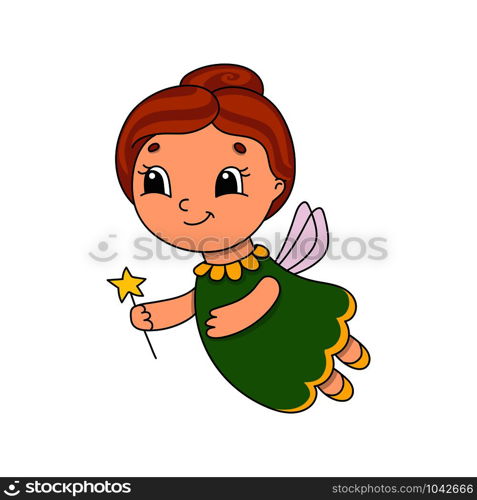 Cute fairy in a green dress. Cute flat vector illustration in childish cartoon style. Funny character. Isolated on white background.