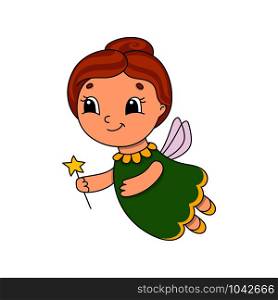 Cute fairy in a green dress. Cute flat vector illustration in childish cartoon style. Funny character. Isolated on white background.