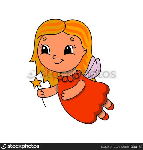 Cute fairy in an orange dress. Cute flat vector illustration in childish cartoon style. Funny character. Isolated on white background.