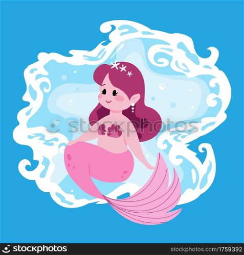 Cute fairy mermaid. Little girl with pink fish tail. Cartoon marine princess and blue ocean waves. Funny mythological water nymph. Happy young seamaid. Vector fictional underwater female character. Cute fairy mermaid. Little girl with pink fish tail. Cartoon marine princess and ocean waves. Funny mythological water nymph. Happy young seamaid. Vector fictional underwater character