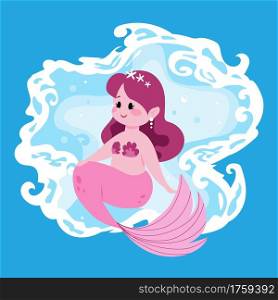 Cute fairy mermaid. Little girl with pink fish tail. Cartoon marine princess and blue ocean waves. Funny mythological water nymph. Happy young seamaid. Vector fictional underwater female character. Cute fairy mermaid. Little girl with pink fish tail. Cartoon marine princess and ocean waves. Funny mythological water nymph. Happy young seamaid. Vector fictional underwater character