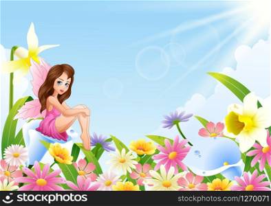 Cute fairy sitting on flower field