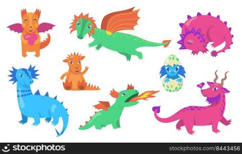 Cute fairytale dragons flat icon set. Cartoon baby dinosaurs for kids clipart vector illustration collection. Monsters and medieval fantasy reptiles concept