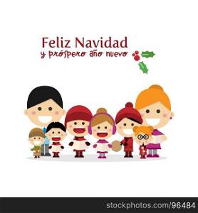 Cute family singing carols at Christmas Night. Spanish title