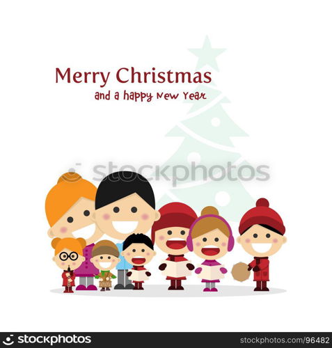 Cute family singing carols at Christmas Night with tree background