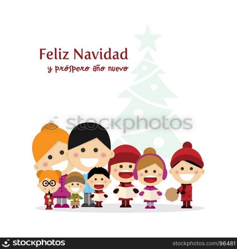 Cute family singing carols at Christmas Night with tree background. Spanish title