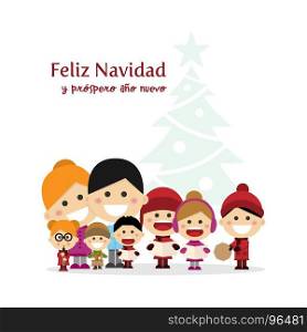 Cute family singing carols at Christmas Night with tree background. Spanish title