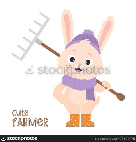Cute farmer. Funny autumn rabbit in rubber boots, hat and scarf with garden tool - rake on his shoulder. Vector illustration for postcards, design, decor, agricultural theme decoration, print, covers