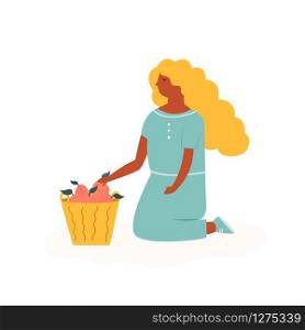 Cute farmer girl sitting with basket of apples. Stylized character design. Cute farmer girl sitting with basket of fruits