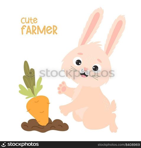 Cute farmer. Happy rabbit in garden bed with carrots. Harvesting, funny farmer. Vector illustration for kids collection, postcards, design and decoration of agricultural harvest themes