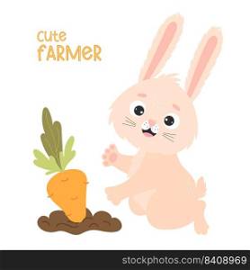 Cute farmer. Happy rabbit in garden bed with carrots. Harvesting, funny farmer. Vector illustration for kids collection, postcards, design and decoration of agricultural harvest themes