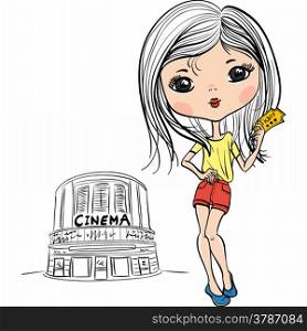 Cute fashion girl with cinema ticket