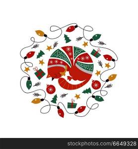 Cute fat cat in a colorful knitted sweater. Christmas composition in the form of a circle. Cat and Christmas decorations, Christmas garland of colorful bulbs. The illustration will look good on postcards and mugs.. Cute cartoon animals in warm knitted sweaters. New year illustration.