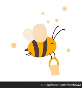 Cute fat little bee with bucket in doodle style. Logo scandinavian baby print in yellow and black colors. Print for coloring book, t shirt, cup, child clothes. cartoon honey insect.. Cute fat little bee with bucket in doodle style. Logo scandinavian baby print in yellow and black colors. Print for coloring book, t shirt, cup, child clothes. cartoon honey insect