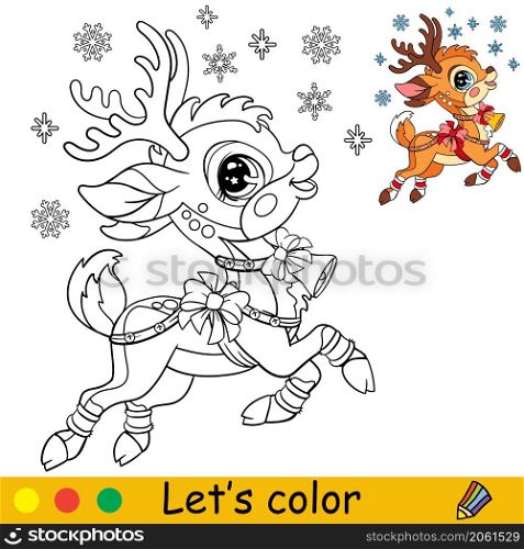 Cute fawn in a Christmas hat with presents. Cartoon deer character. Vector isolated illustration. Coloring book with colored exemple. For card, poster, design, stickers, decor,kids apparel. Coloring cute happy Christmas fawn vector illustration