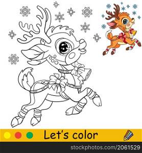 Cute fawn in a Christmas hat with presents. Cartoon deer character. Vector isolated illustration. Coloring book with colored exemple. For card, poster, design, stickers, decor,kids apparel. Coloring cute happy Christmas fawn vector illustration