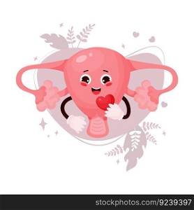 Cute female cartoon uterus. Happy character with heart in his hands. Vector illustration. Human reproductive organ for design and decoration of medical themes, childrens collection
