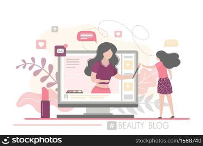 Cute female subscriber watching beauty blog. Female blogger talks about the latest cosmetics. New Makeup. Vlog on monitor screen. Community in social network. Trendy vector illustration